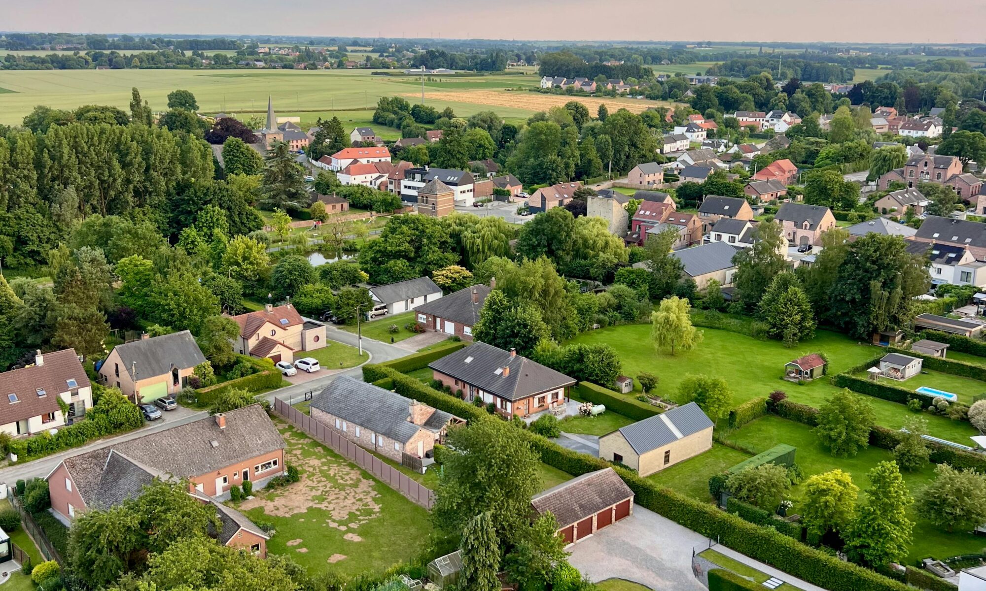 An aerial view of a suburban neighborhood with greenery and houses at dusk.